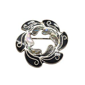 Vintage Brooch Mexico Alpaca Silver Tone Abalone Mother of Pearl